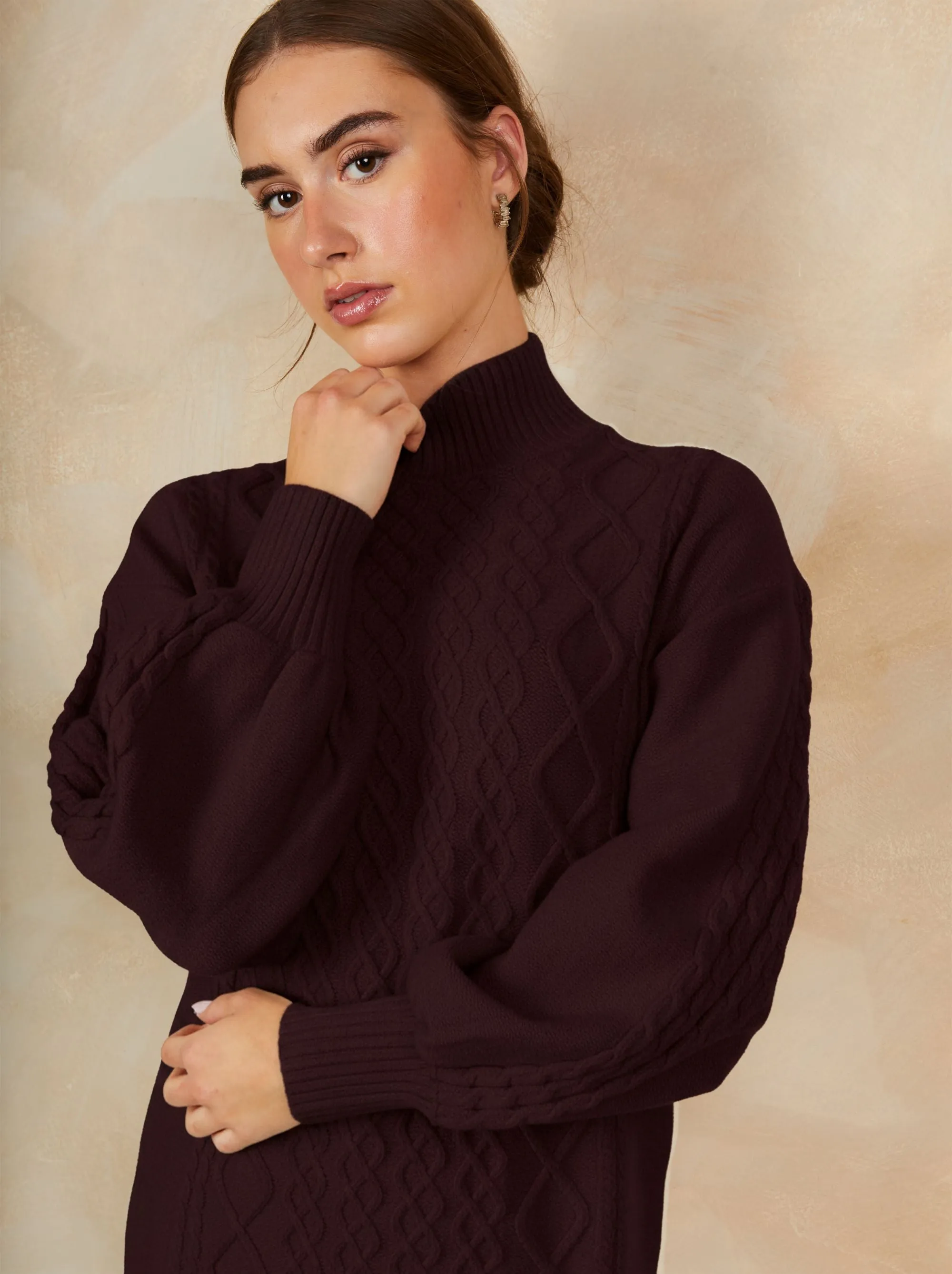 Roll Neck Knitted Dress in Burgundy sold by Chi Chi London product image thumbnail 3
