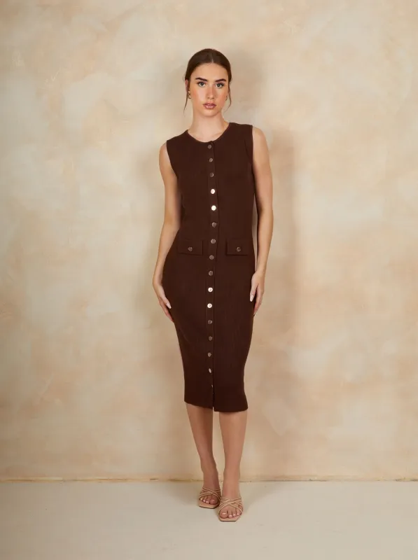 Sleeveless Button Front Knitted Maxi Dress in Brown sold by Chi Chi London