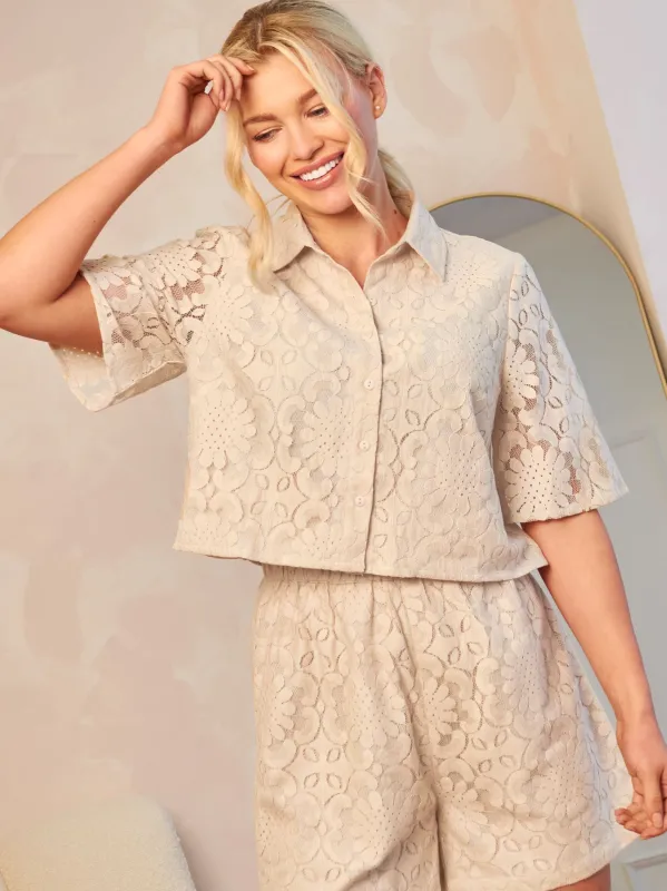 Crochet Shirt Co Ord in Cream made by Chi Chi London