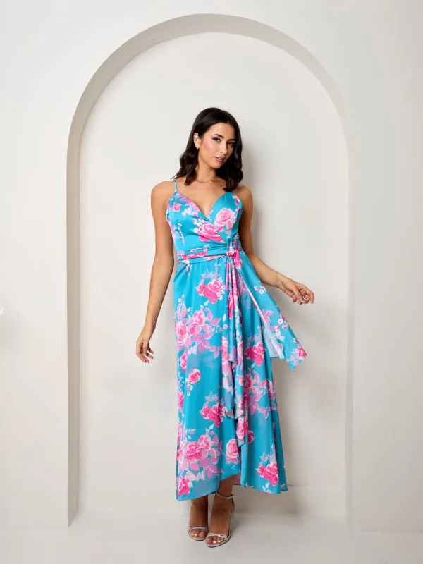 Cami Floral Wrap Midi Dip Hem Dress in Green sold by Chi Chi London