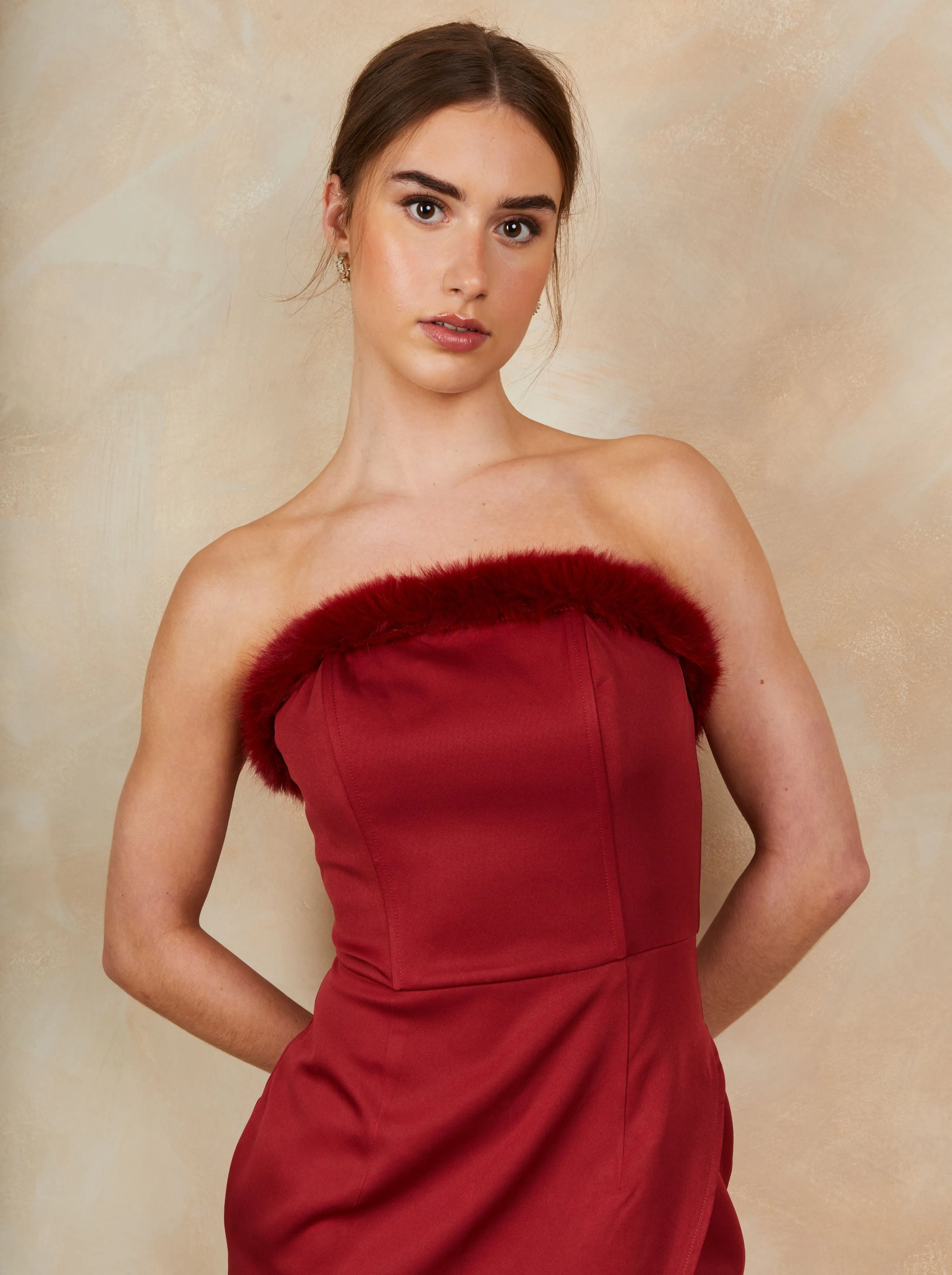 Faux Feather Trim Mini Dress in Red sold by Chi Chi London product image thumbnail 5