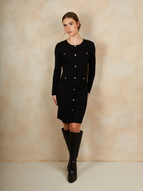 Long Sleeve Knitted Button Front Dress in Black sold by Chi Chi London