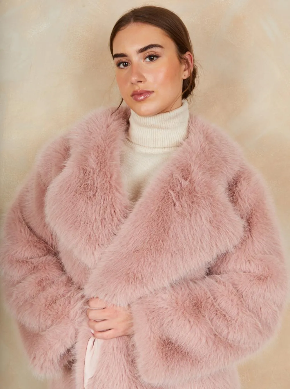 Faux Fur Mid Length Coat in Pink sold by Chi Chi London product image thumbnail 2