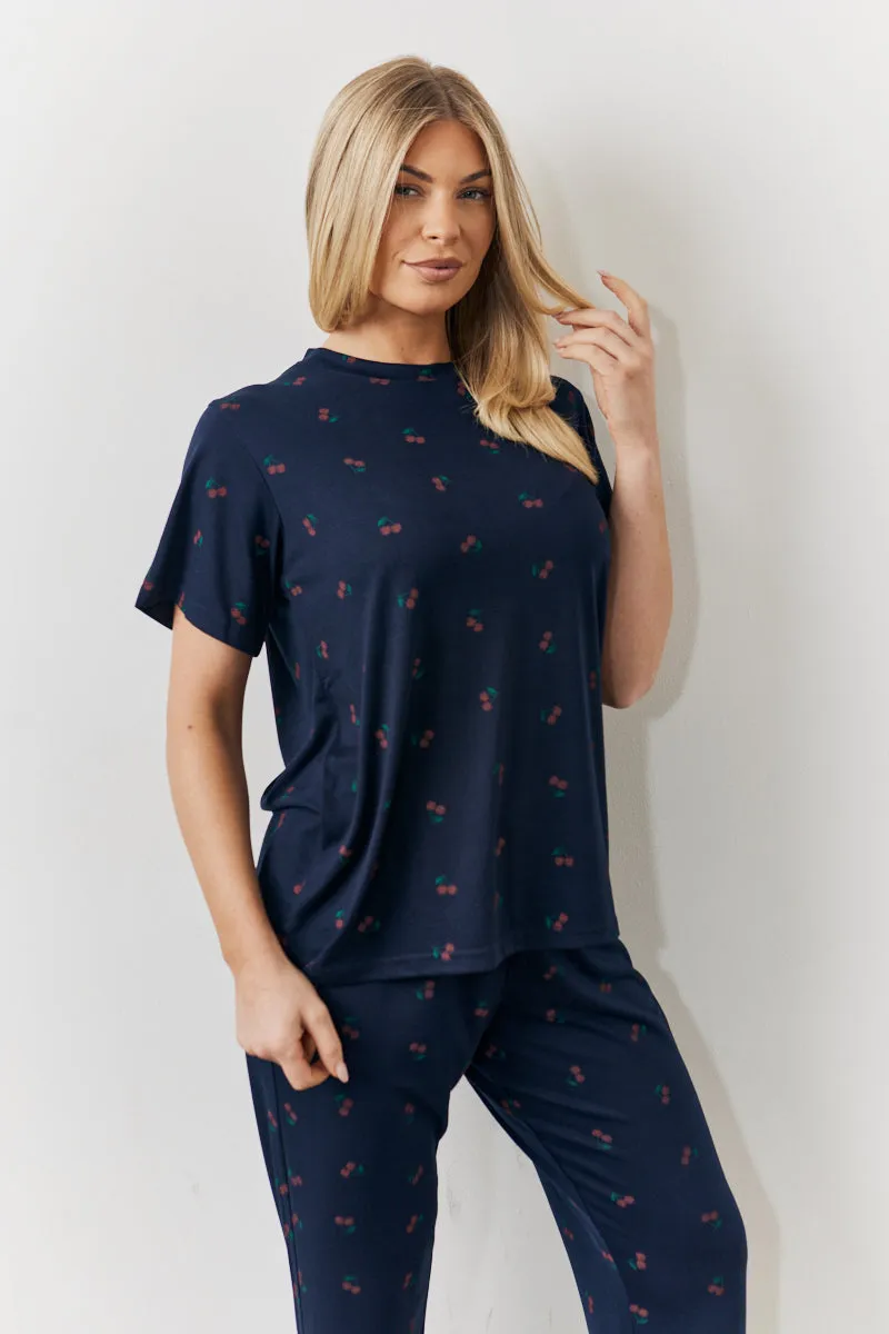 Navy Cherry Print T Shirt and Cuff Jogger Pj Set sold by Chi Chi London product image thumbnail 2