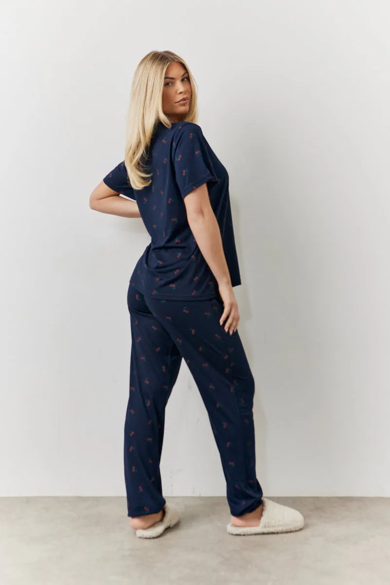 Navy Cherry Print T Shirt and Cuff Jogger Pj Set sold by Chi Chi London product image thumbnail 4