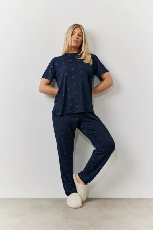 Navy Cherry Print T Shirt and Cuff Jogger Pj Set made by In the style