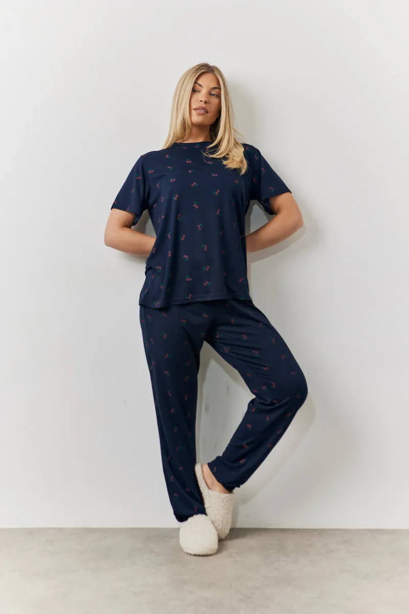 Navy Cherry Print T Shirt and Cuff Jogger Pj Set sold by Chi Chi London