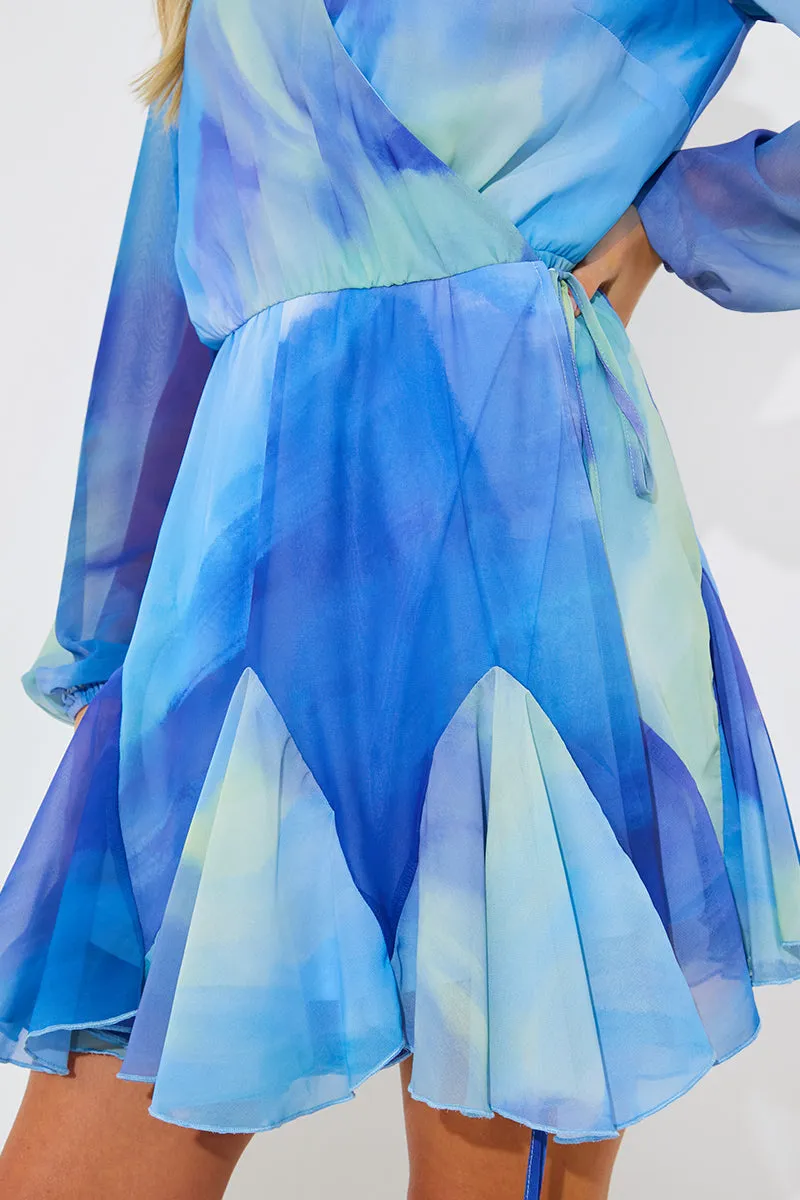 Blue Abstract Print Chiffon Wrap Godet Frill Mini Dress sold by Chi Chi London product image thumbnail 4
