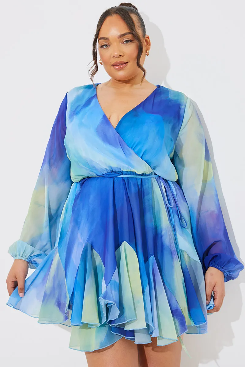 Blue Abstract Print Chiffon Wrap Godet Frill Mini Dress sold by Chi Chi London product image thumbnail 5
