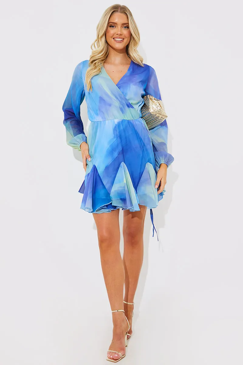Blue Abstract Print Chiffon Wrap Godet Frill Mini Dress sold by Chi Chi London product image thumbnail 3