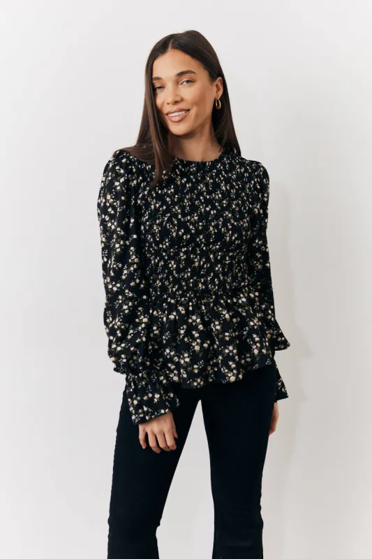 Black Floral Shirred Bust Blouse made by In the style