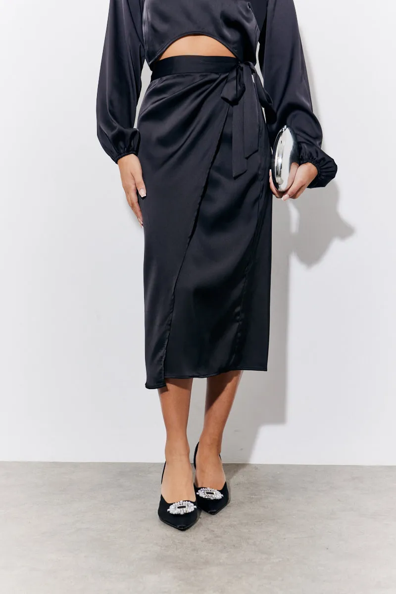 Black Satin Wrap Midi Skirt sold by Chi Chi London product image thumbnail 2