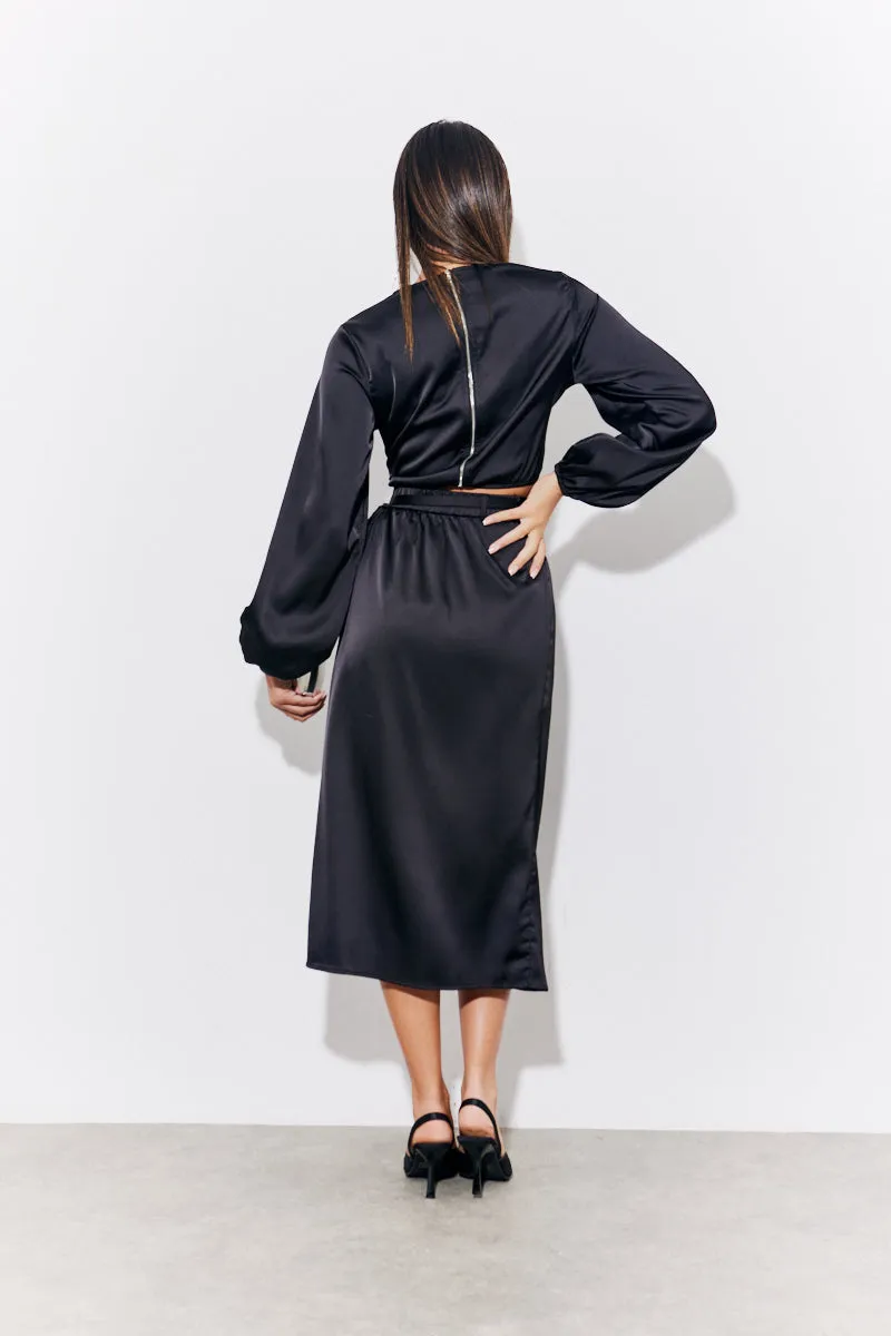 Black Satin Wrap Midi Skirt sold by Chi Chi London product image thumbnail 3