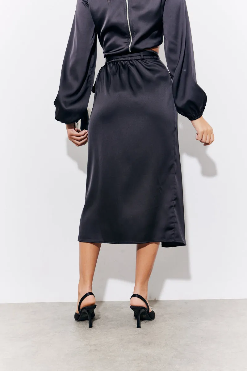 Black Satin Wrap Midi Skirt sold by Chi Chi London product image thumbnail 4