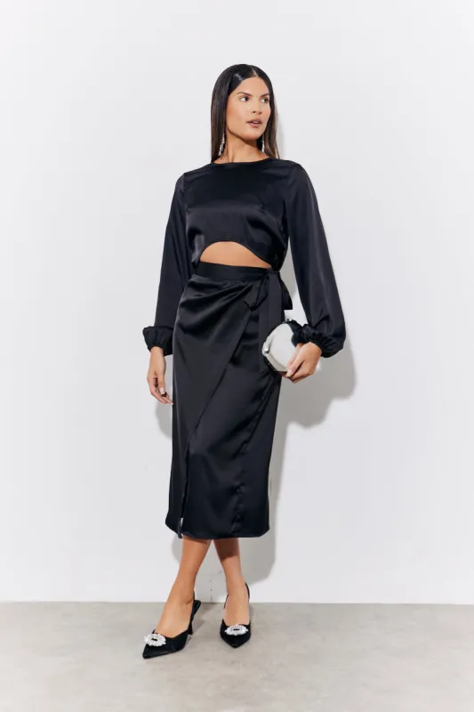Black Satin Wrap Midi Skirt made by In the style
