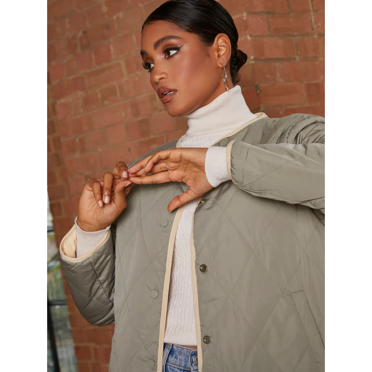 Chi Chi London Reversible Quilted Short Jacket in Cream and Khaki sold by Chi Chi London product image thumbnail 5