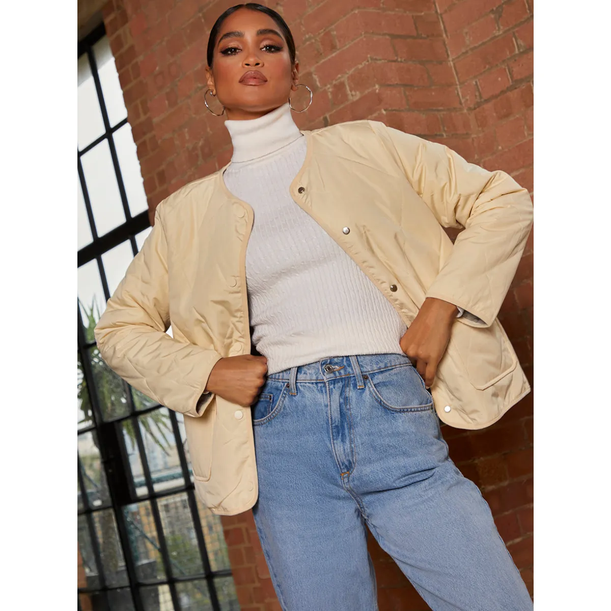 Chi Chi London Reversible Quilted Short Jacket in Cream and Khaki sold by Chi Chi London product image thumbnail 2