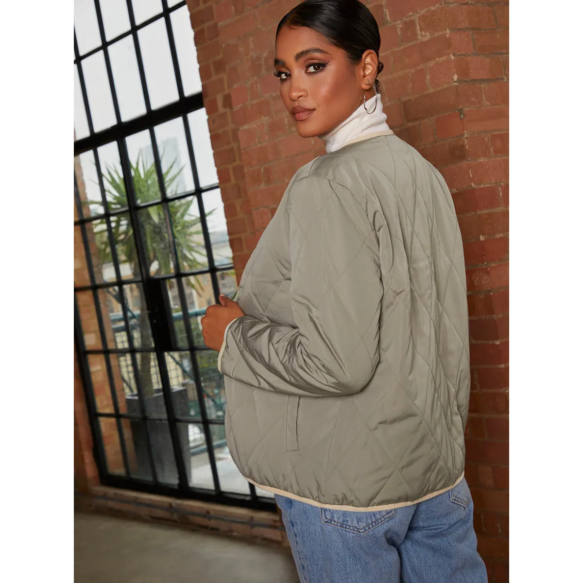 Chi Chi London Reversible Quilted Short Jacket in Cream and Khaki sold by Chi Chi London product image thumbnail 3
