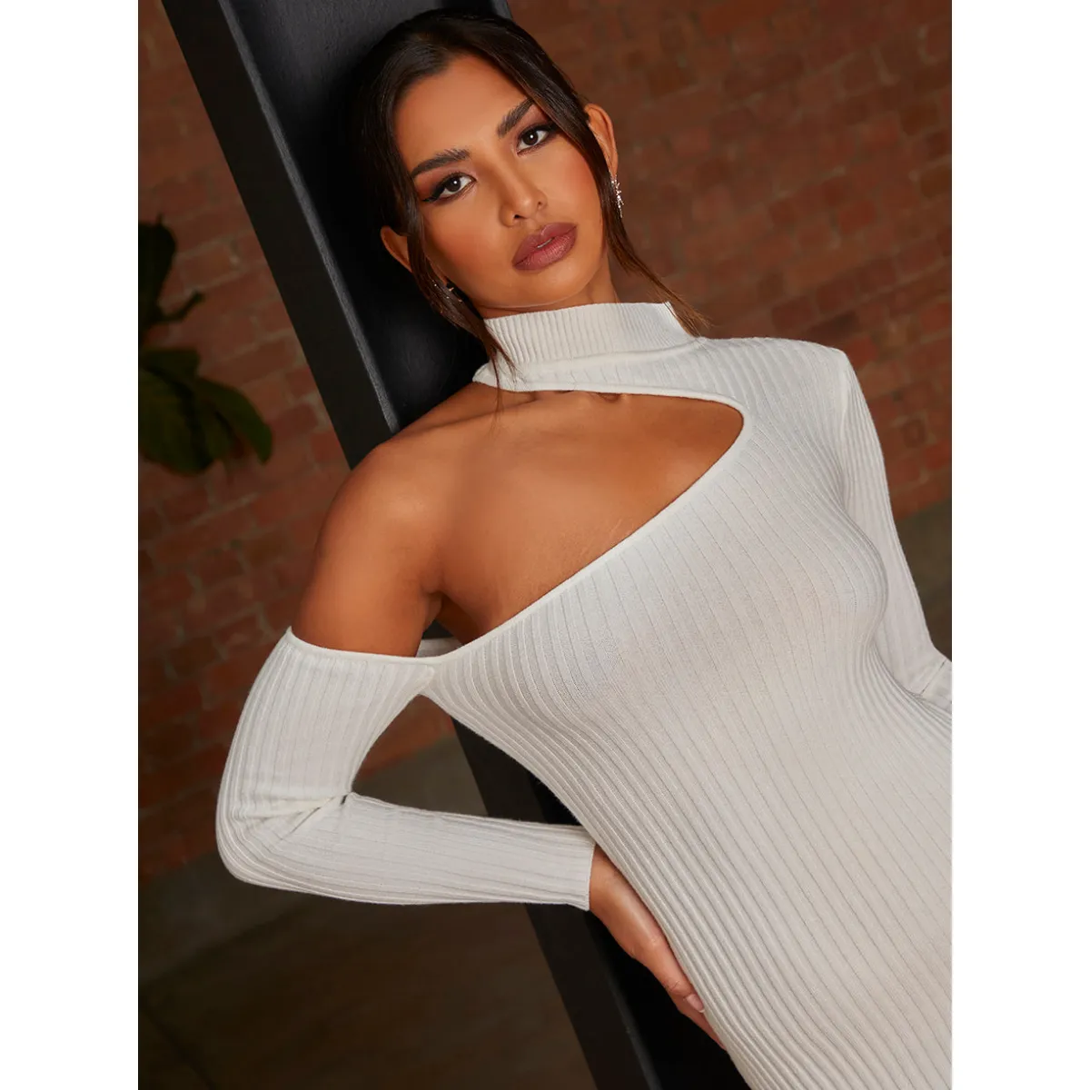 Chi Chi London Cut-Out Long Sleeve Knitted Rib Dress in White sold by Chi Chi London product image thumbnail 3