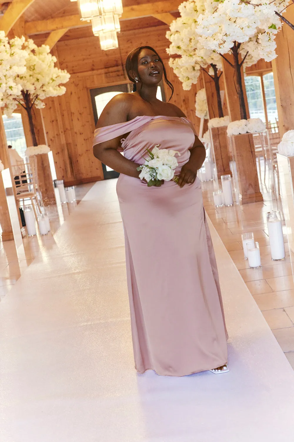Rose Pink Satin Bardot Ruched Maxi Dress sold by Chi Chi London
