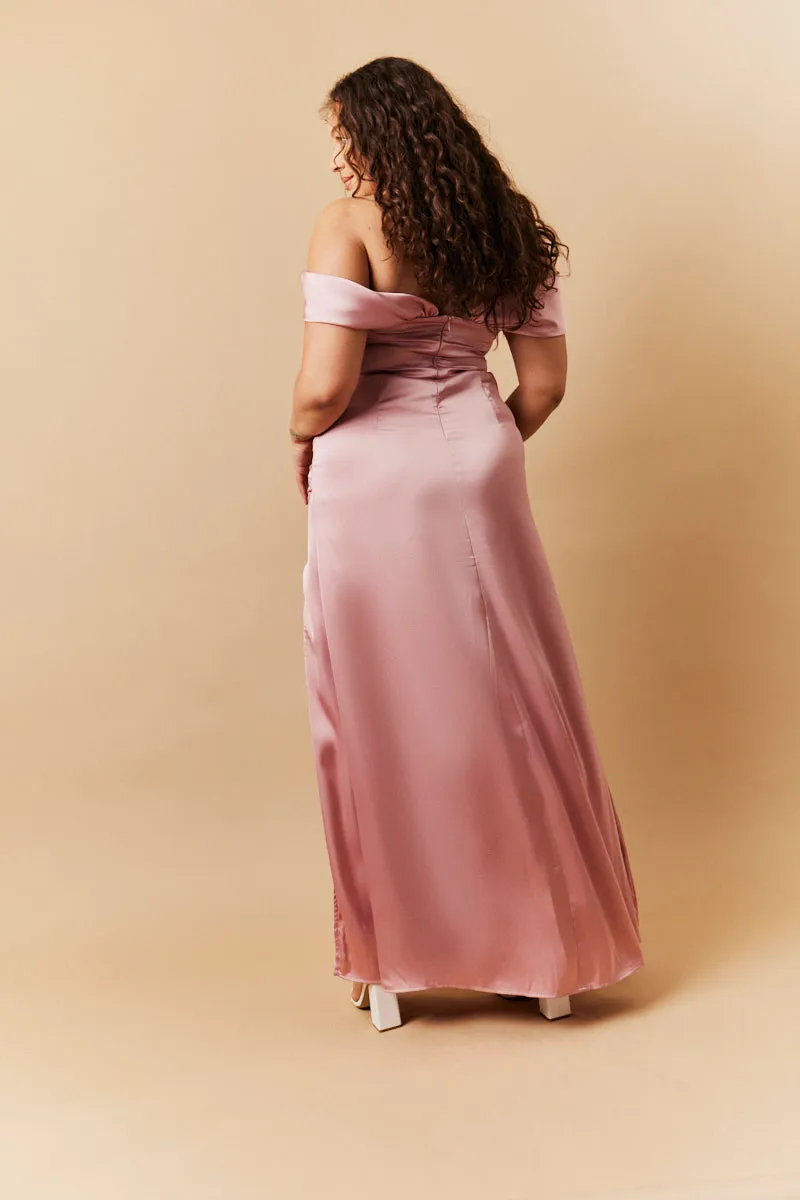 Rose Pink Satin Bardot Ruched Maxi Dress sold by Chi Chi London product image thumbnail 3