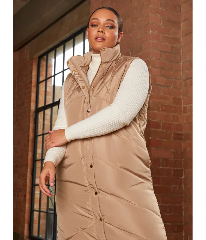 Chi Chi London Diamond Quilt Detail Longline Padded Gilet in Tan made by In the style