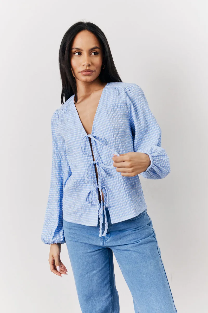 Blue Gingham Seersucker Tie Front Blouse sold by Chi Chi London