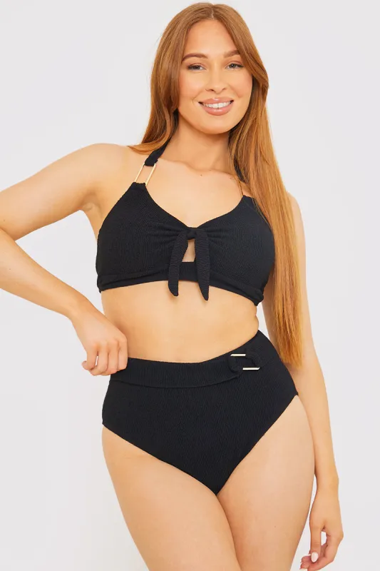 Control Textured Gold Bar Detail High Waisted Bikini Bottom made by In the style