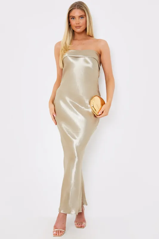 Liquid Satin Bandeau Cut Out Back Maxi Dress made by In the style