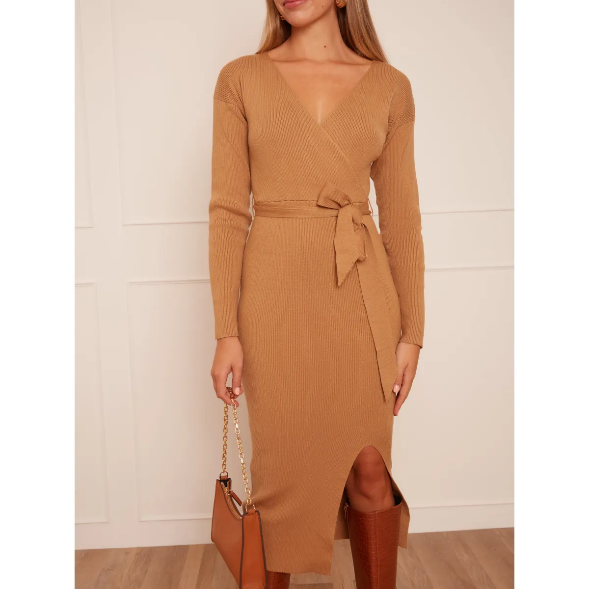 Chi Chi London Wrap Split Side Knitted Midi Dress in Camel sold by Chi Chi London product image thumbnail 4