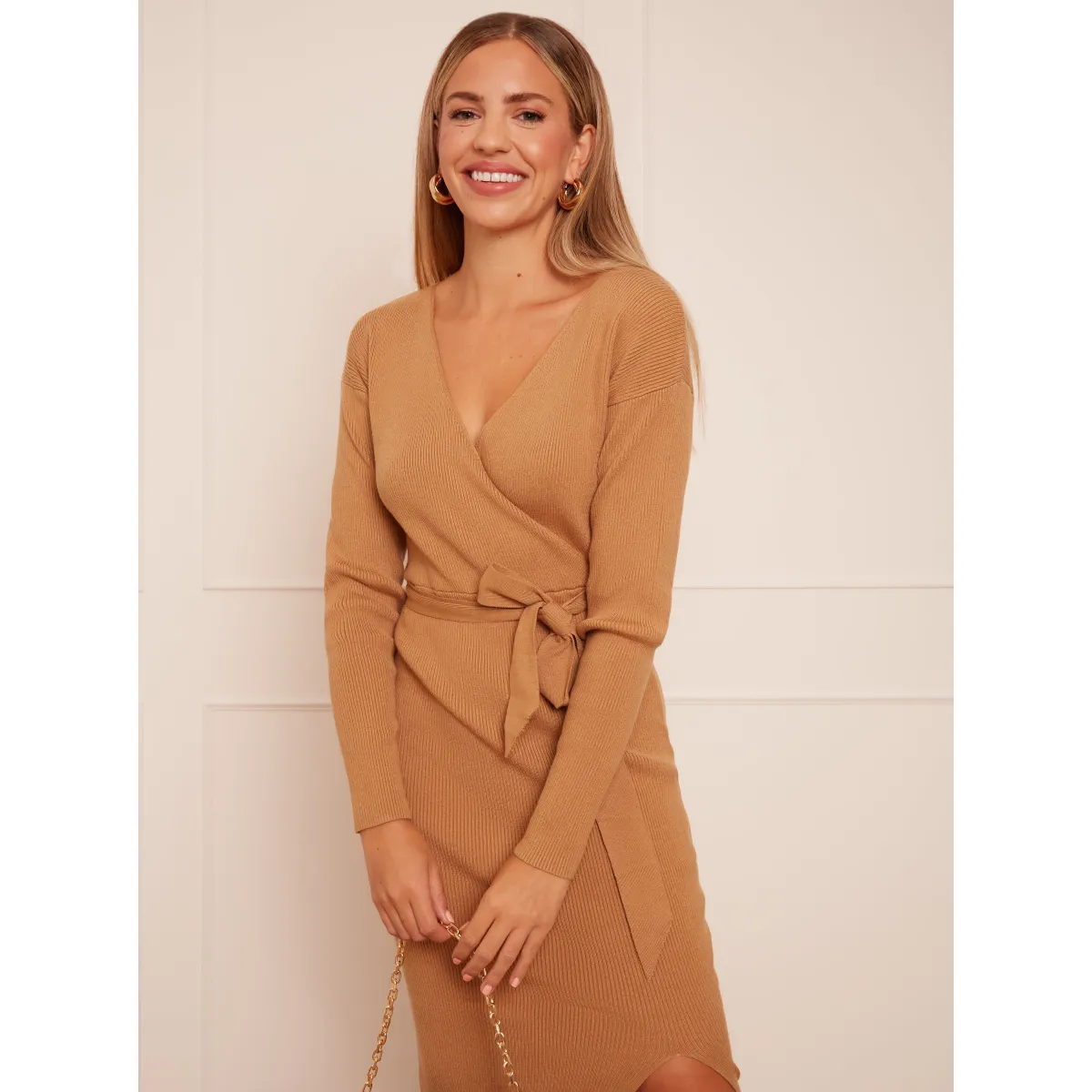 Chi Chi London Wrap Split Side Knitted Midi Dress in Camel sold by Chi Chi London