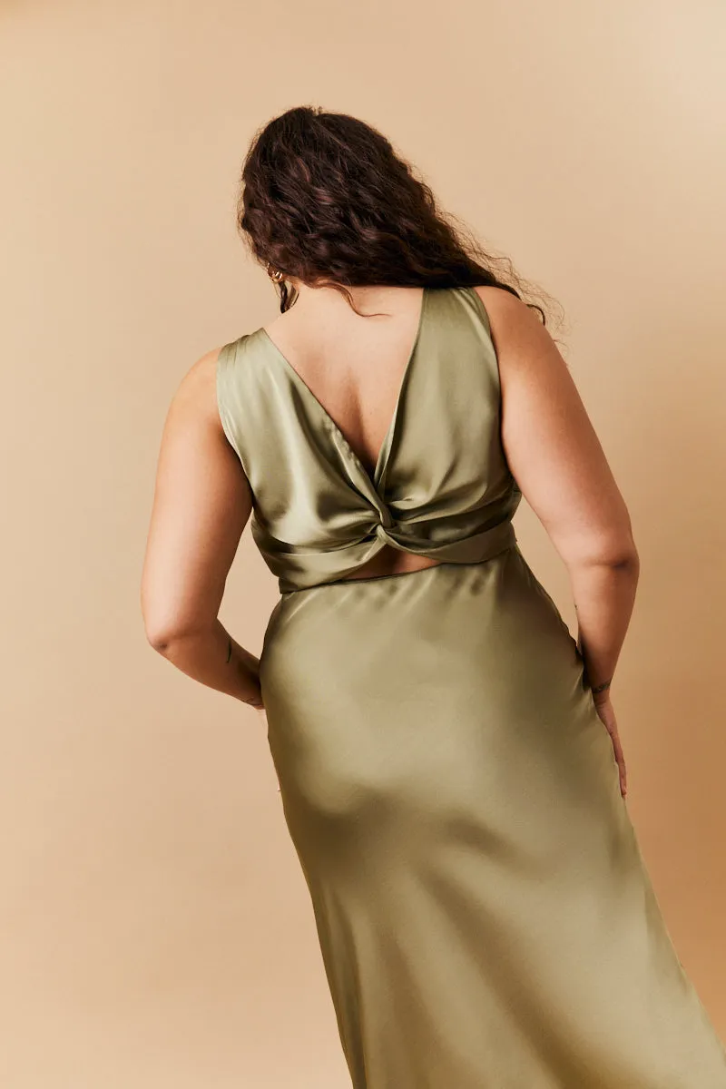 Olive Satin Twist Back Maxi Dress sold by Chi Chi London product image thumbnail 5