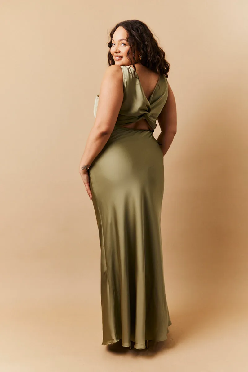 Olive Satin Twist Back Maxi Dress sold by Chi Chi London product image thumbnail 3