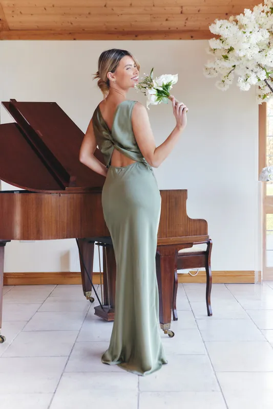 Olive Satin Twist Back Maxi Dress made by In the style