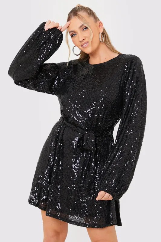Sequin Belted Balloon Sleeve Mini Dress made by In the style