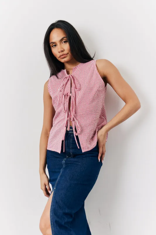 Red Seersucker Gingham Tie Front Top made by In the style
