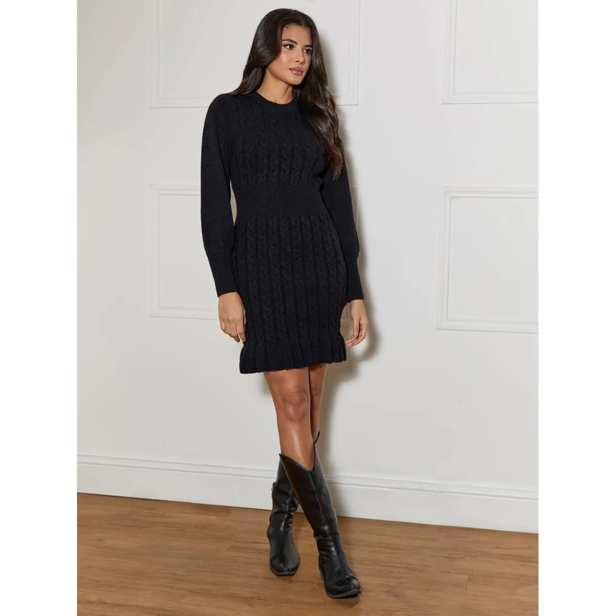 Chi Chi London Balloon Sleeve Cable Knit Mini Jumper Dress in Black sold by Chi Chi London product image thumbnail 2