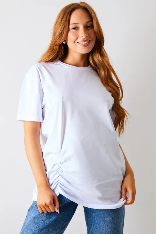 Ruched Longline Aysmmetric T-Shirt made by In the style