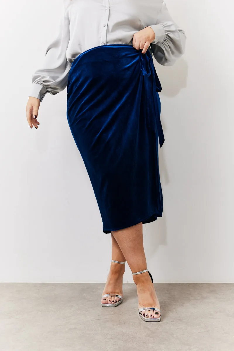 Navy Velvet Wrap Midi Skirt sold by Chi Chi London product image thumbnail 2