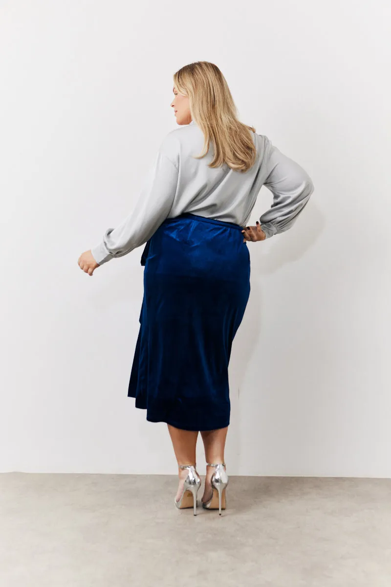 Navy Velvet Wrap Midi Skirt sold by Chi Chi London product image thumbnail 3