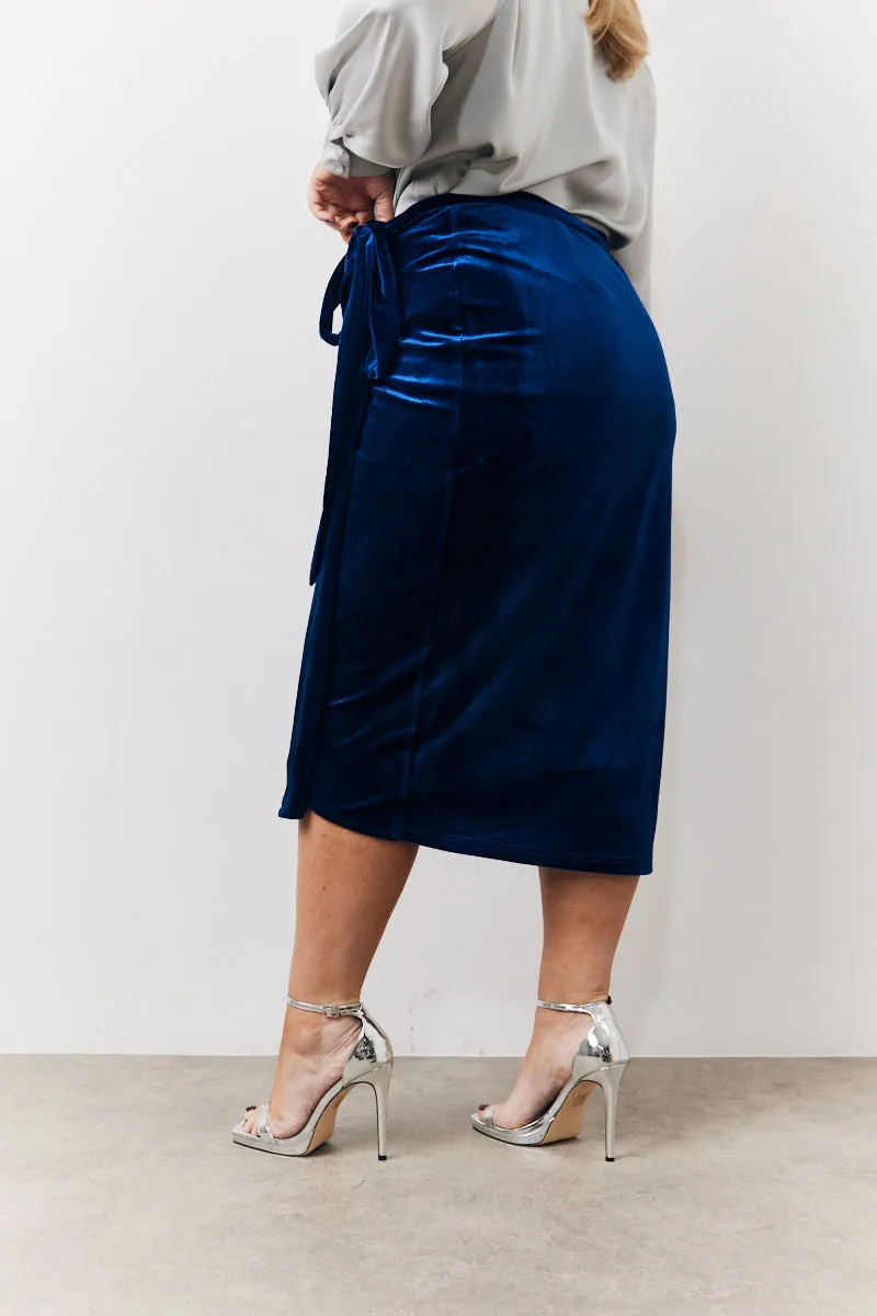 Navy Velvet Wrap Midi Skirt sold by Chi Chi London product image thumbnail 4