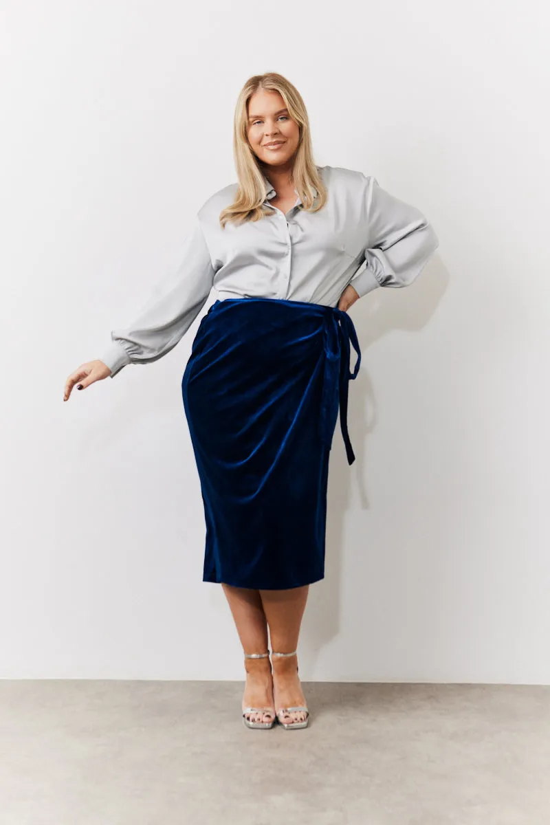 Navy Velvet Wrap Midi Skirt sold by Chi Chi London