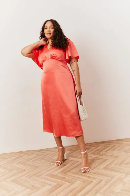 Coral Satin Flutter Sleeve Midaxi Slip Dress made by In the style