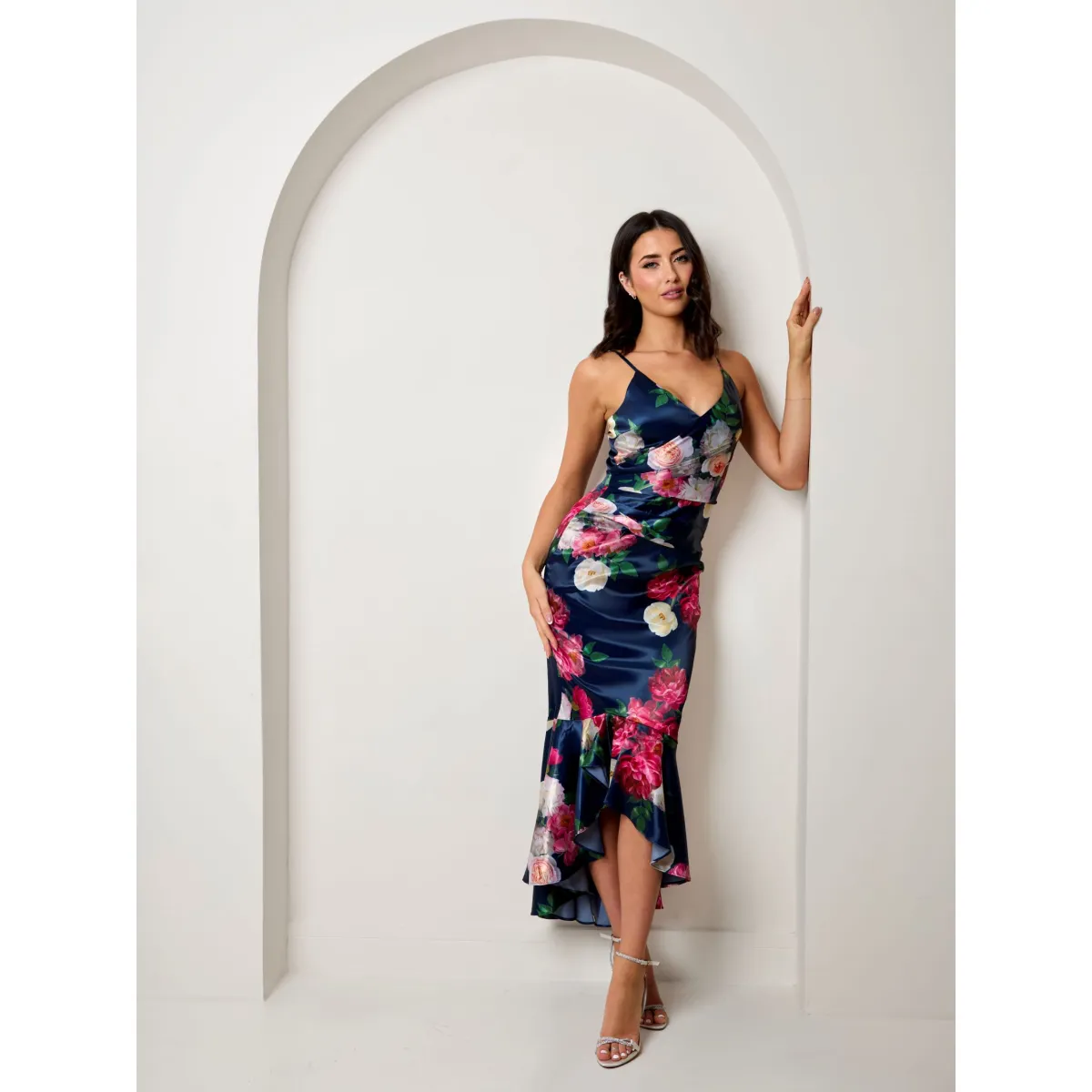 Chi Chi London Sleeveless Floral Print Ruffle Hem Midi Dress in Navy sold by Chi Chi London