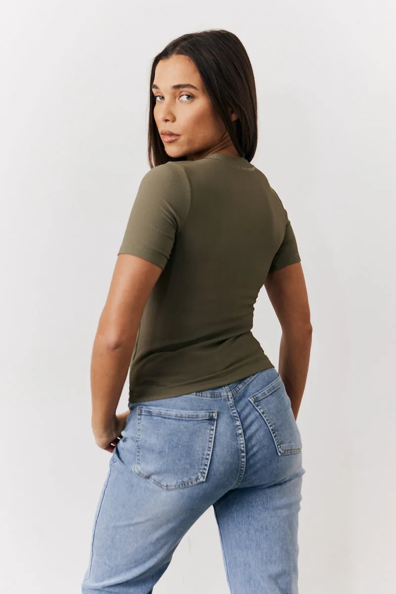 Khaki Ribbed Crew Neck Short Sleeve Top sold by Chi Chi London product image thumbnail 3