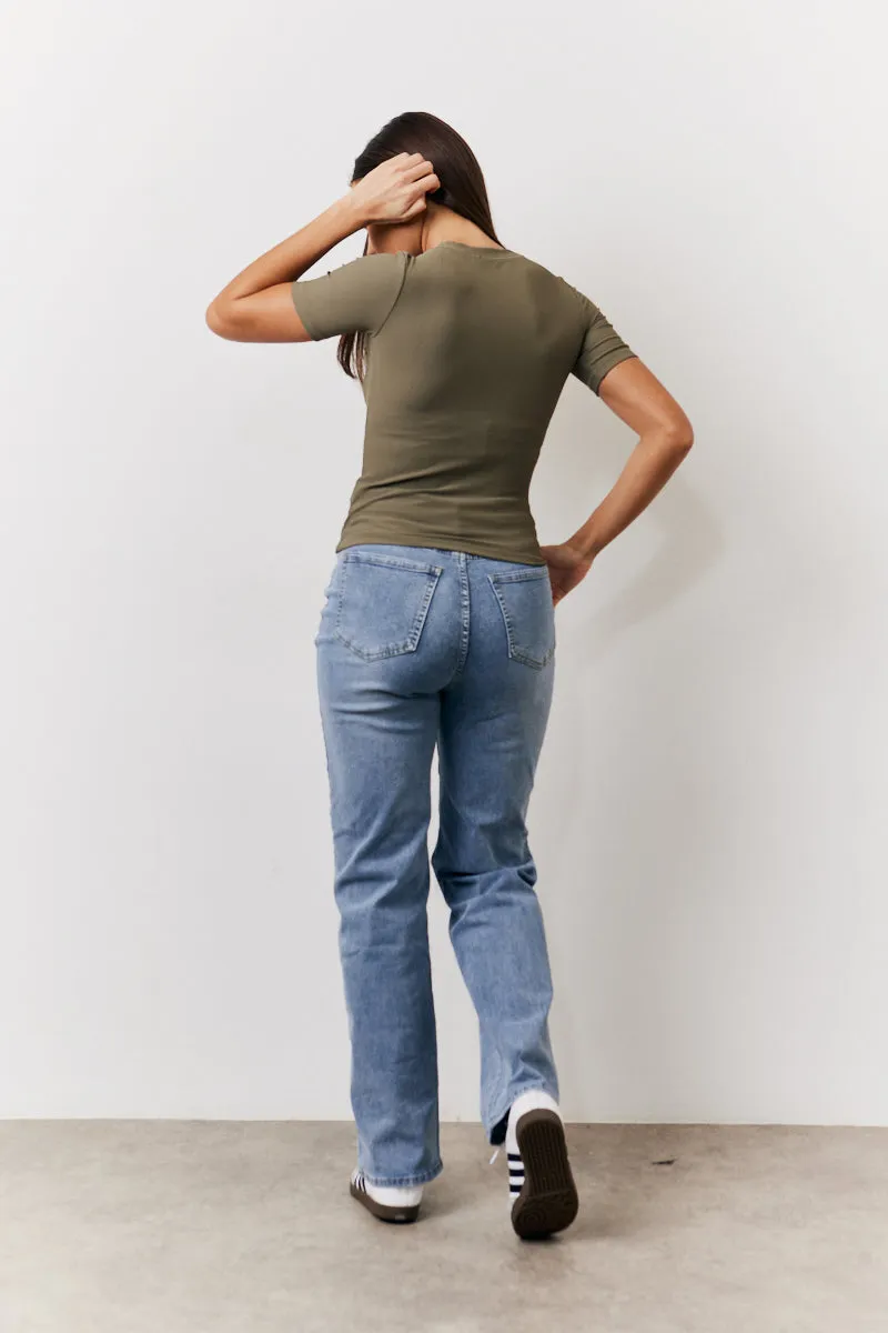 Khaki Ribbed Crew Neck Short Sleeve Top sold by Chi Chi London product image thumbnail 4