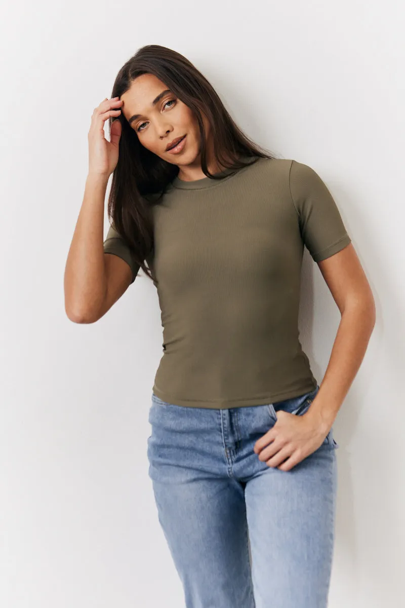 Khaki Ribbed Crew Neck Short Sleeve Top sold by Chi Chi London