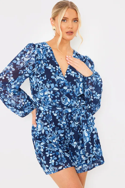 Floral Chiffon Wrap Belted Balloon Sleeve Playsuit made by In the style