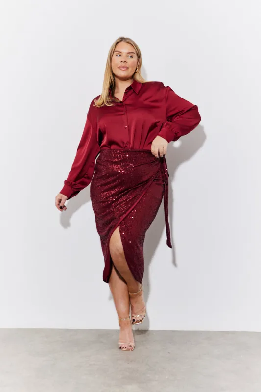 Burgundy Sequin Wrap Midi Skirt made by In the style