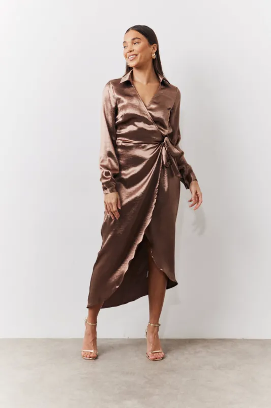 Bronze Liquid Satin Wrap Midaxi Dress made by In the style